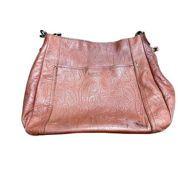 American Leather Co Handbag Shoulder Purse Brown Tooled Leather Bag Pockets - Picture 1 of 16